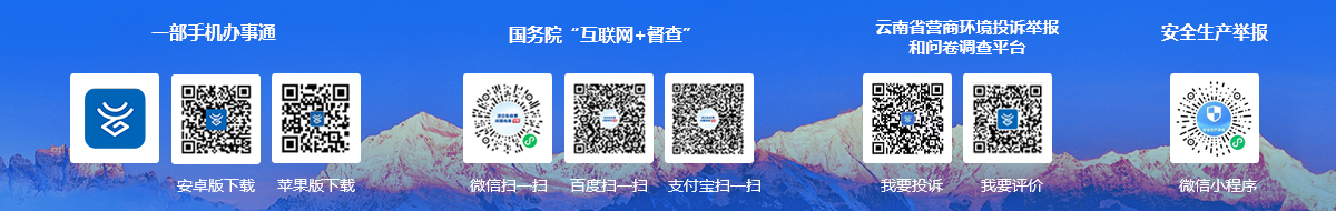 二維碼展示包括一部手機辦事通、國務院互聯網+督查、云南省營商環境投訴舉報和問卷調查平臺、安全生產舉報